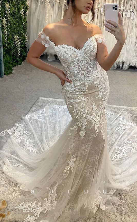 GW524 - Chic & Modern Mermaid Sweetheart Off Shoulder Lace Floral Appliques Wedding Dress With Court Train