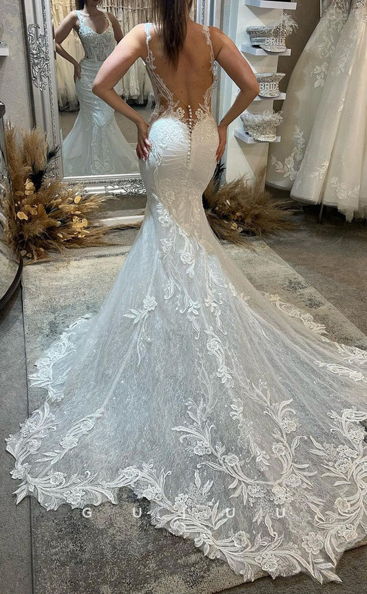 GW527 - Sexy & Hot Mermaid Straps Backless Lace Floral Appliques Wedding Dress With Court Train
