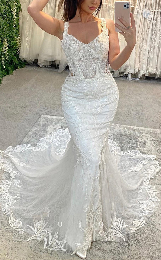 GW534 - Chic & Modern Trumpet Straps Lace Floral Appliqued Backless Wedding Dress With Sweep Train