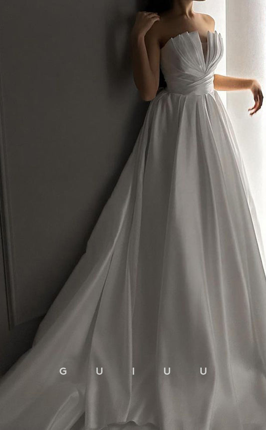 GW543 - Chic & Modern A-Line Strapless Draped Satin Wedding Dress With Court Train