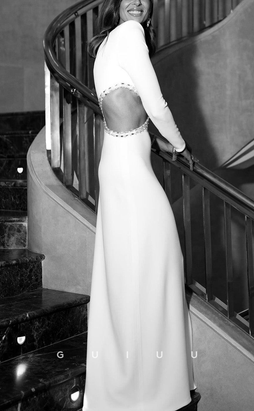 GW544 - Sexy & Hot Sheath Asymmetrical One Shoulder Long Sleeves High Side Slit Cut Outs Floor-Length Boho Wedding Dress