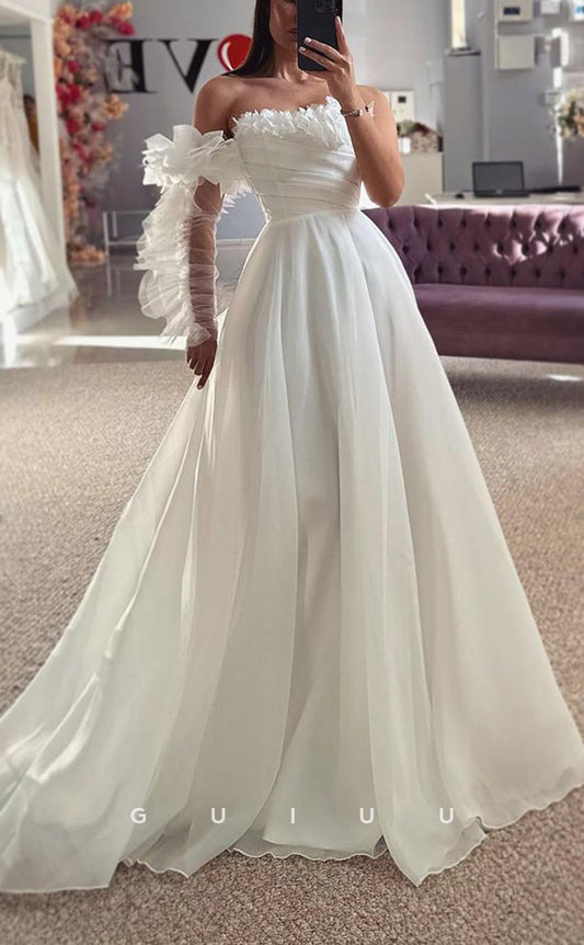 GW546 - Chic & Modern A-Line Strapless Long Sleeves Draped Long Wedding Dress With Sweep Train