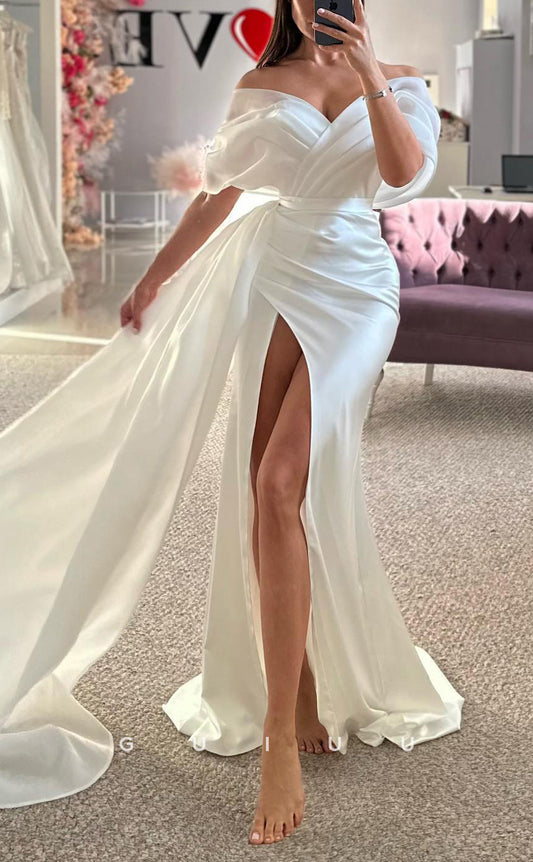 GW547 - Sexy & Hot Sheath Off Shoulder Draped High Slit Floor-Length Sweep Train Wedding Dress