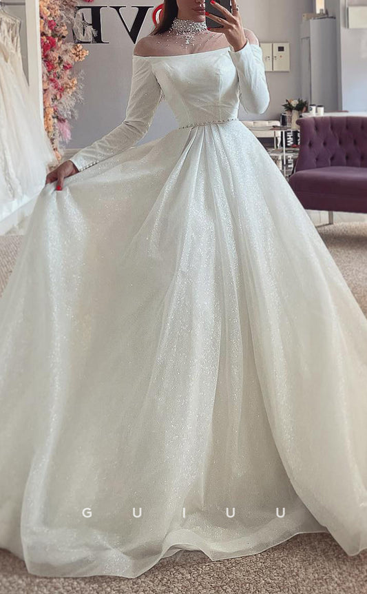 GW549 - Chic & Modern A-Line Off Shoulder Halter Beaded Pearls Draped Long Sleeves Floor-Length Wedding Dress