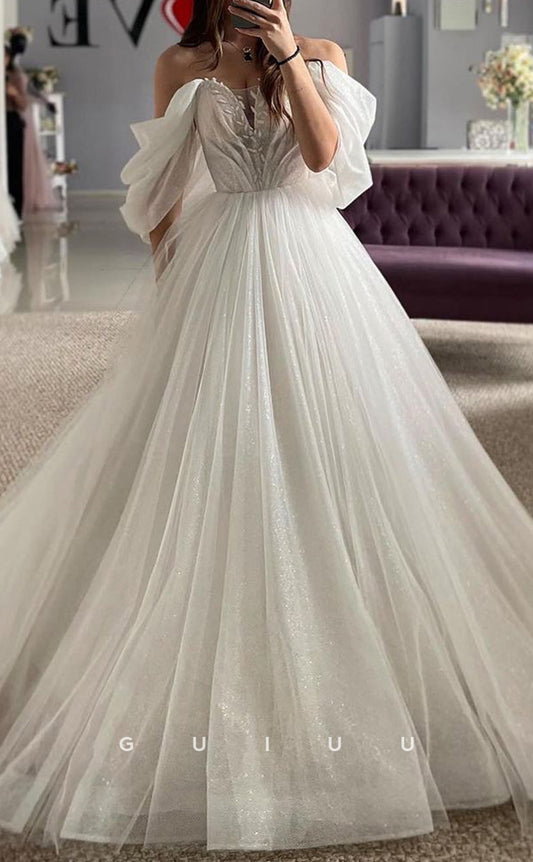 GW554 - Classic & Timeless A-Line V-Neck Off Shoulder Draped Long Wedding Dress