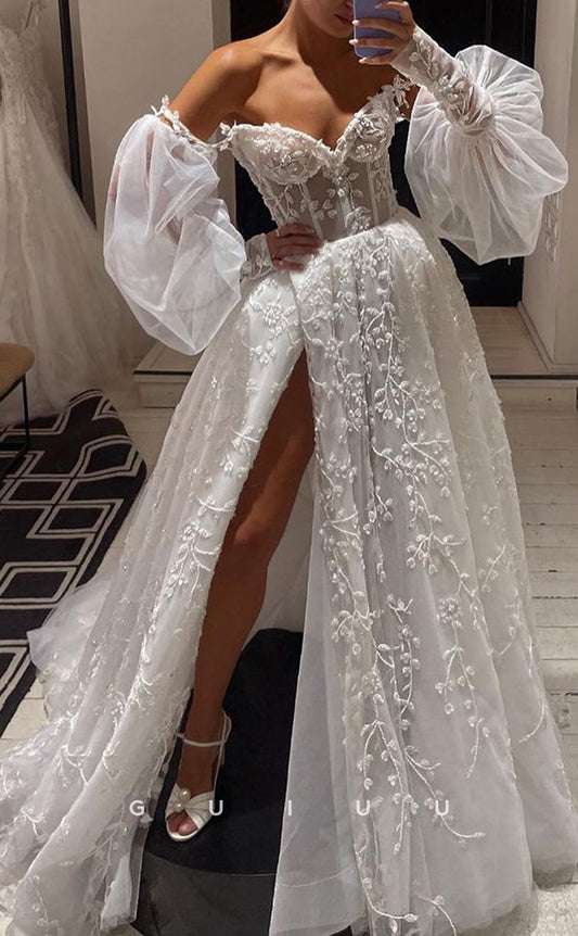 GW555 - Sexy & Hot A-Line Sweetheart Long Bishop Sleeves Fully Floral Appliques High Side Slit Wedding Dress With Sweep Train
