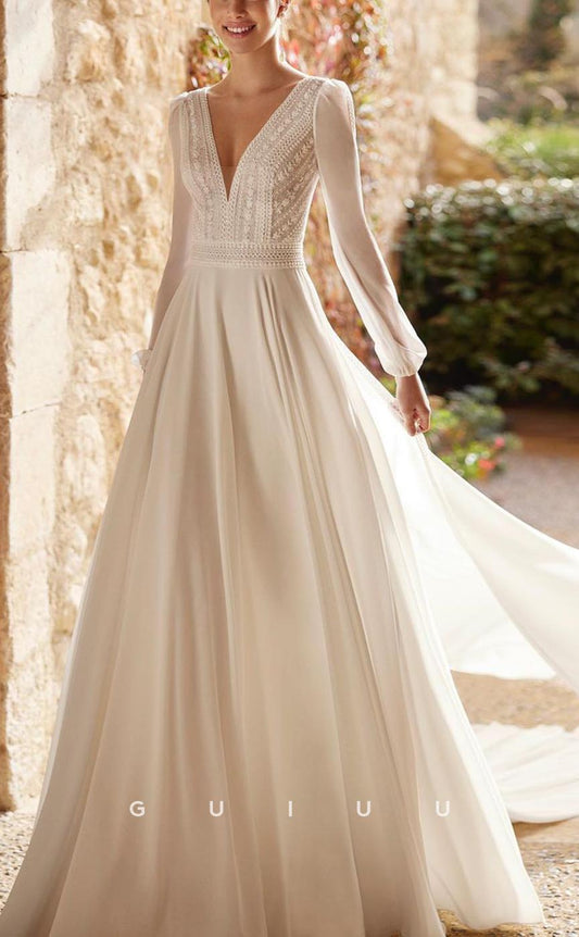 GW556 - Chic & Modern A-Line V-Neck Long Tulle Sleeves Lace Illusion Button Floor-Length Wedding Dress With Sweep Train