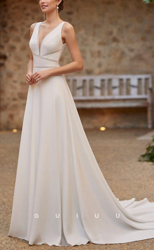GW557 - Classic & Timeless A-Line V-Neck V-Back Cut-Outs Floor-Length Wedding Dress With Sweep Train