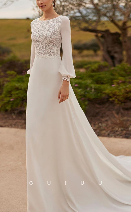 GW558 - Simple & Classic Sheath Round Long Sleeves Appliques Cut-Outs Floor-Length Wedding Dress With Sweep Train