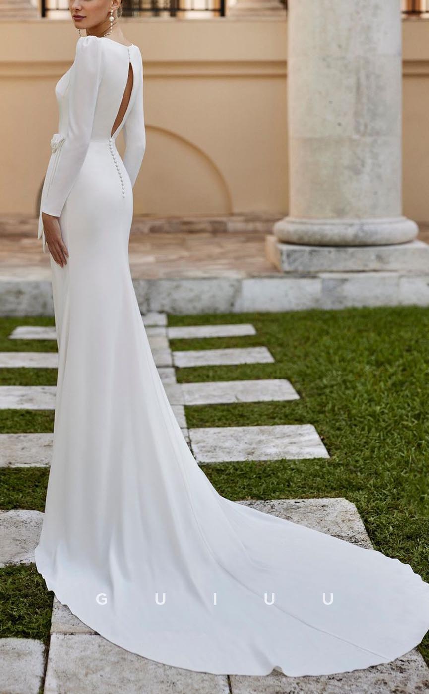 GW560 -Chic & Modern Sheath Square Draped Slit Floral Embossed Cut-Outs Long Boho Wedding Dress With Sweep Train