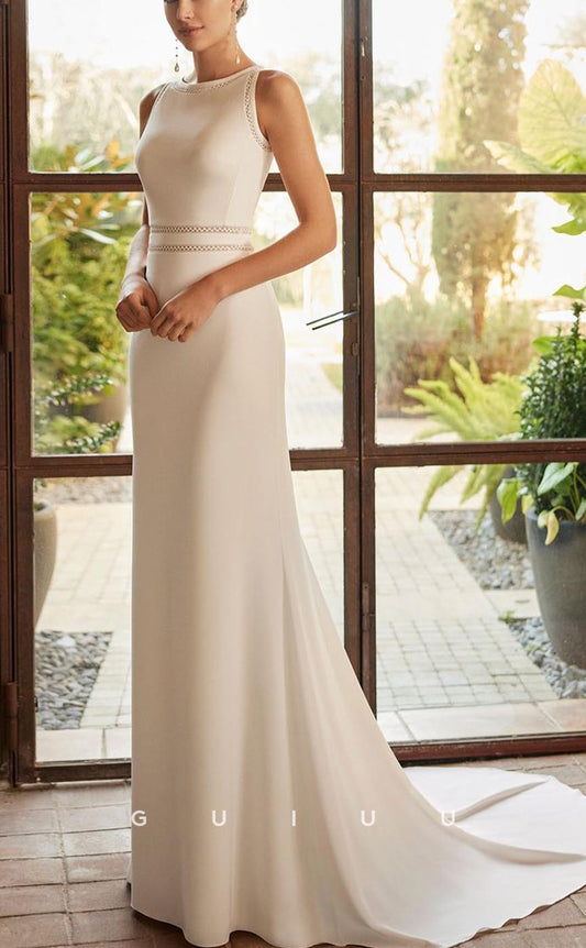 GW561 - Classic & Timeless Sheath Round Twp Piece Overskirt Dress Cut-Outs Long Wedding Dress With Overlay