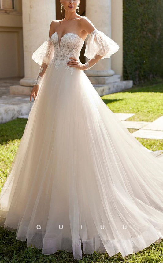 GW562 - Elegant & Luxurious A-Line V-Neck Off Shoulder Long Trumpet Sleeves Floor-Length Lace Wedding Dress