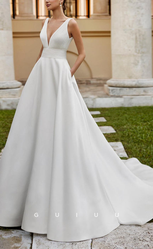 GW565 - Chic & Modern A-Line V-Neck V-Back Draped Floor-Length Satin Wedding Dress