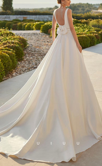GW569 - Classic & Timeless A-Line Square Straps Cut-Outs Floral Embossed Floor-Length Satin Wedding Dress With Sweep Train