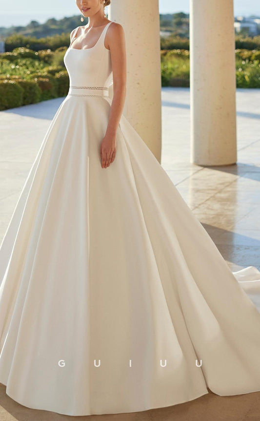 GW569 - Classic & Timeless A-Line Square Straps Cut-Outs Floral Embossed Floor-Length Satin Wedding Dress With Sweep Train