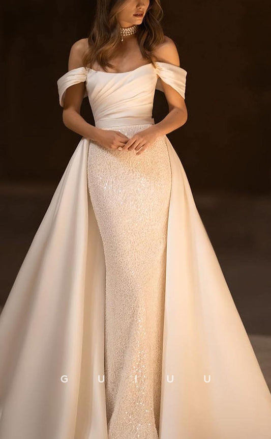 GW571 - Chic & Modern Sheath Off Shoulder Draped Sequins Floor-Length Wedding Dress With Overlay