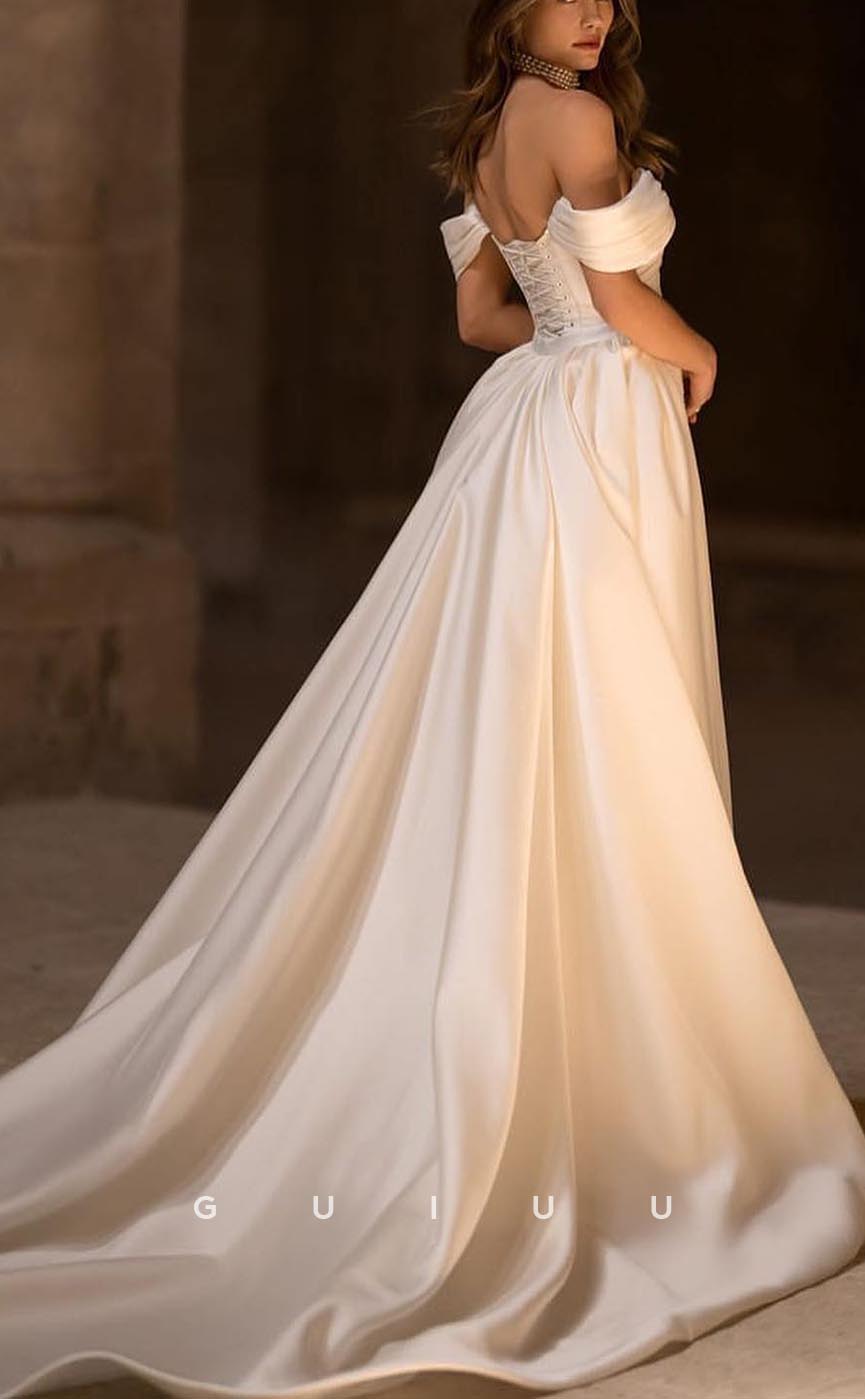 GW571 - Chic & Modern Sheath Off Shoulder Draped Sequins Floor-Length Wedding Dress With Overlay
