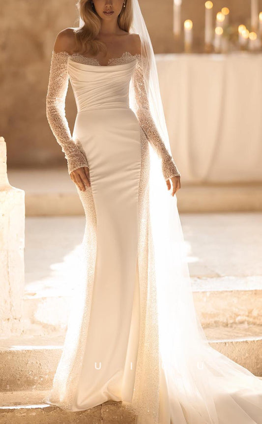 GW573- Sexy & Hot Sheath Off Shoulder Lace Long Sleeves Illusion Draped Long Boho Wedding Dress With Sweep Train