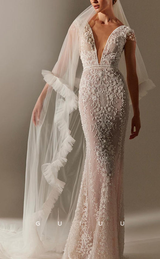 GW575 - Sexy & Hot Sheath V-Neck & V-Back Allover Lace Floor-Length Boho Wedding Dress