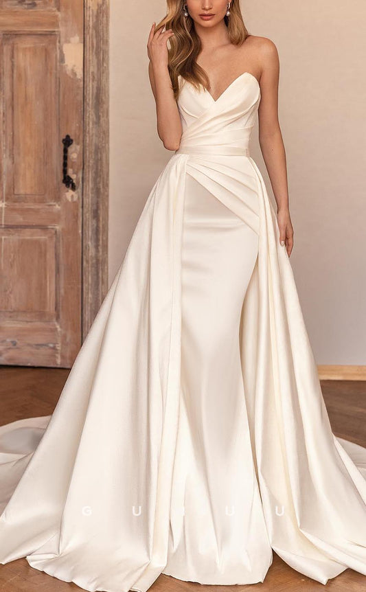GW576 - Chic & Modern Sheath Sweetheart Strapless Draped Floor-Length Wedding Dress with Overlay
