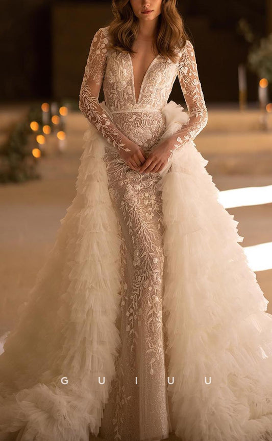 GW579 - Elegant & Luxurious Sheath Plunging V-Neck Long Sleeves Floral Appliqued Long Wedding Dress with Overlay