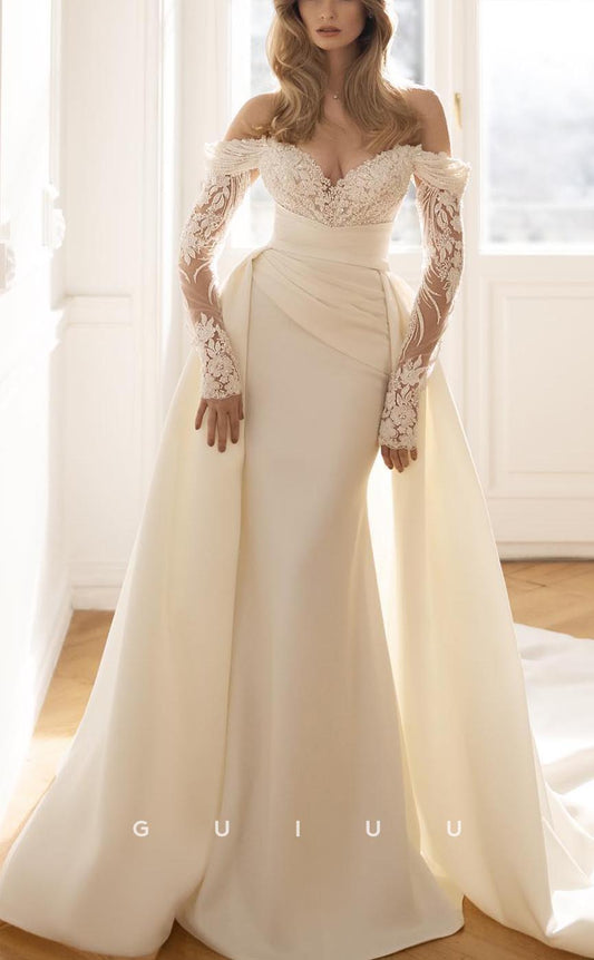 GW581 - Elegant & Luxurious Sheath Off Shoulder Long Sleeves Draped Floor-Length Wedding Dress with Overlay