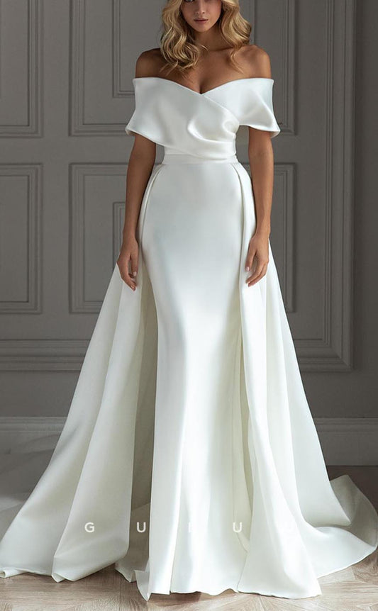 GW582 - Chic & Modern Sheath Off Shoulder Draped Floor-Length Boho Wedding Dress with Overlay