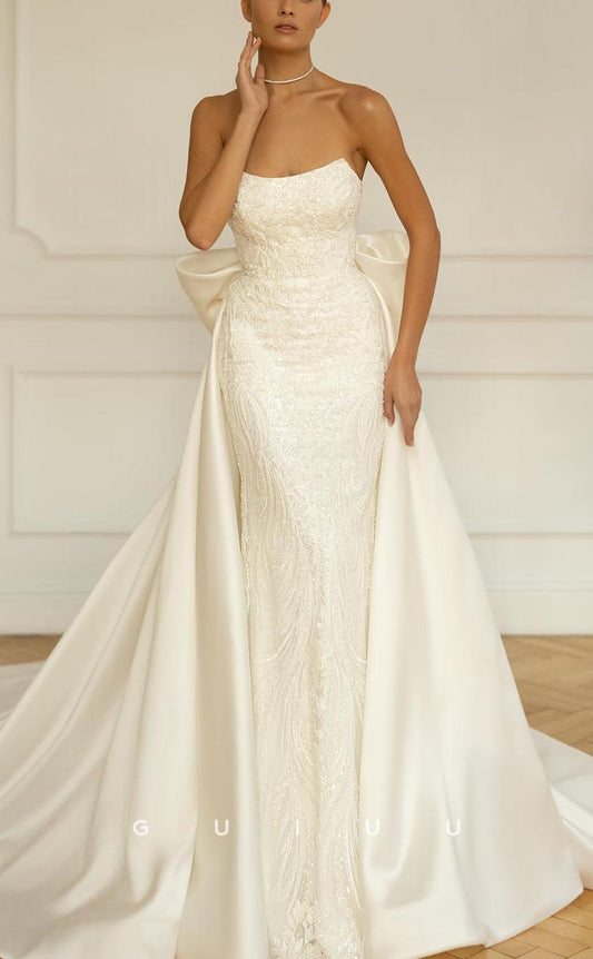 GW585 - Chic & Modern Sheath Strapless Fully Floral Appliqued Bowknot Long Wedding Dress with Overlay & Sweep Train