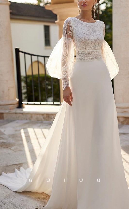 GW587 - Classic & Timeless Sheath Round Long Bishop Sleeves Lace Applique Long Wedding Dress with Overlay & Sweep Train