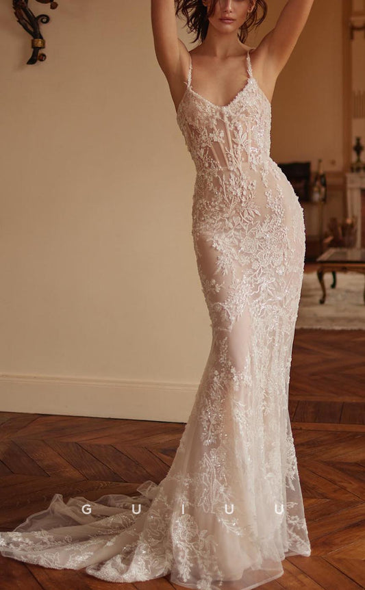GW592 - Chic & Modern Mermaid Straps Semi-sweetheart Allover Lace Pearls Boho Wedding Dress with Sweep Train