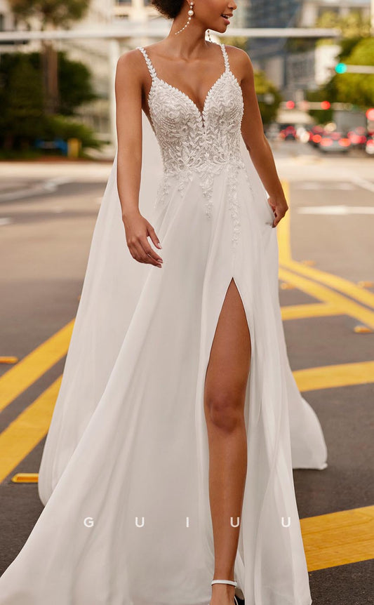 GW597 - Chic & Modern A-Line V-Neck Straps High Side Slit V-Back Floor-Length Boho Wedding Dress with Sweep Train