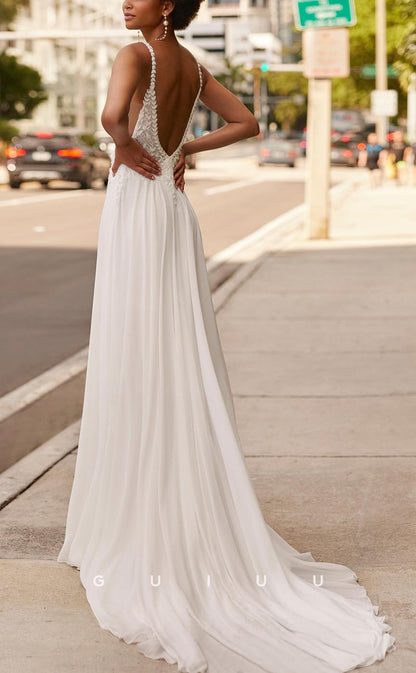 GW597 - Chic & Modern A-Line V-Neck Straps High Side Slit V-Back Floor-Length Boho Wedding Dress with Sweep Train