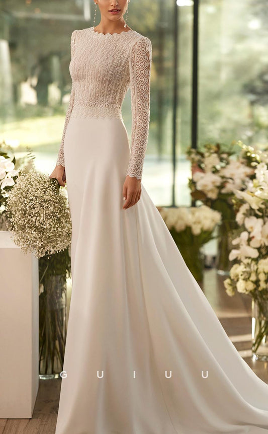 GW598 - Classic & Timeless A-Line Bateau V-Back Long Sleeves Floral Embroidered Long Wedding Dress with Sweep Train