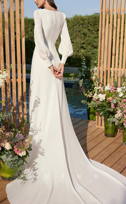 GW601 - Chic & Modern Sheath Square Long Bishop Sleeves Draped High Slit Floor-Length Wedding Dress with Sweep Train
