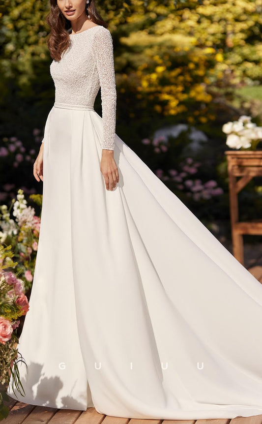 GW603 - Simple & Classic A-Line Bateau Long Sleeves Lace Draped Wedding Dress with Sweep Train