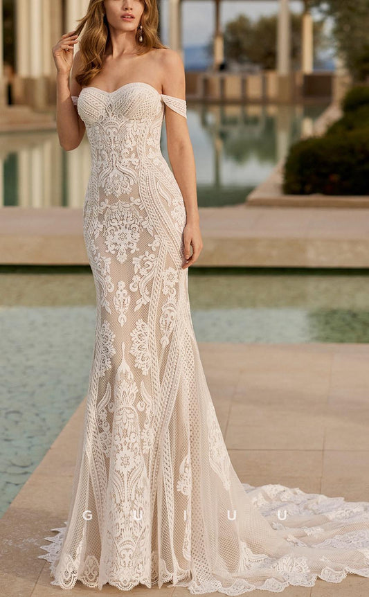 GW604 - Sexy & Hot Sheath Sweetheart Lon Bell Sleeves Floral Appliques & Embroidered Floor-Length Wedding Dress with Sweep Train
