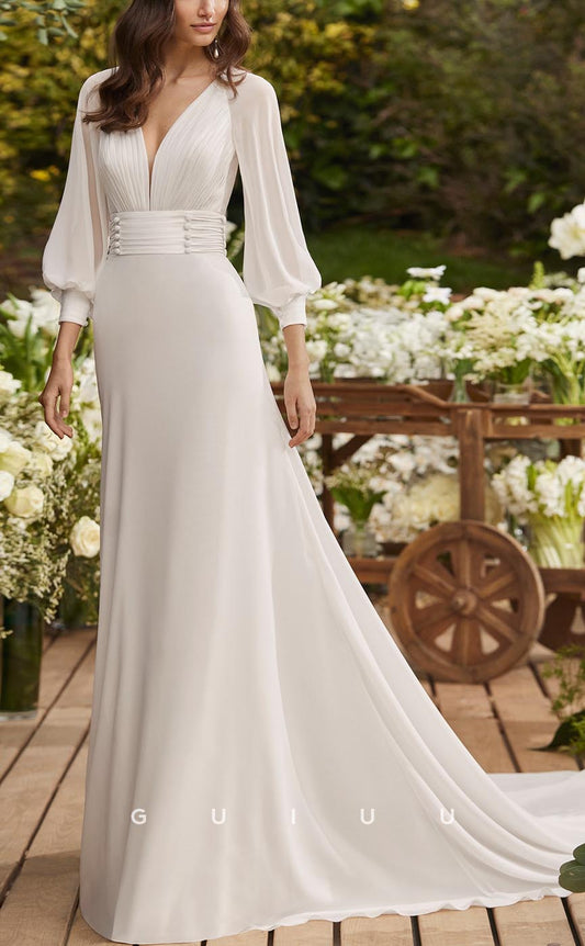 GW608 - Chic & Modern A-Line V-Neck Long Bishop Sleeves Draped Bottons Wedding Dress with Sweep Train