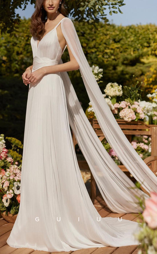 GW609 - Chic & Modern A-Line V-Neck Straps Draped Pleated Long Wedding Dress with Overlay & Sweep Train