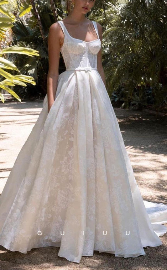 GW610 - Chic & Modern A-Line Square Allover Print Long Wedding Dress with Sash and Sweep Train