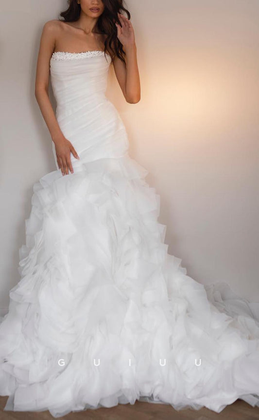 GW615 - Sexy & Hot Sheath Strapless Beaded Draped Floor-Length Wedding Dress with Sweep Train