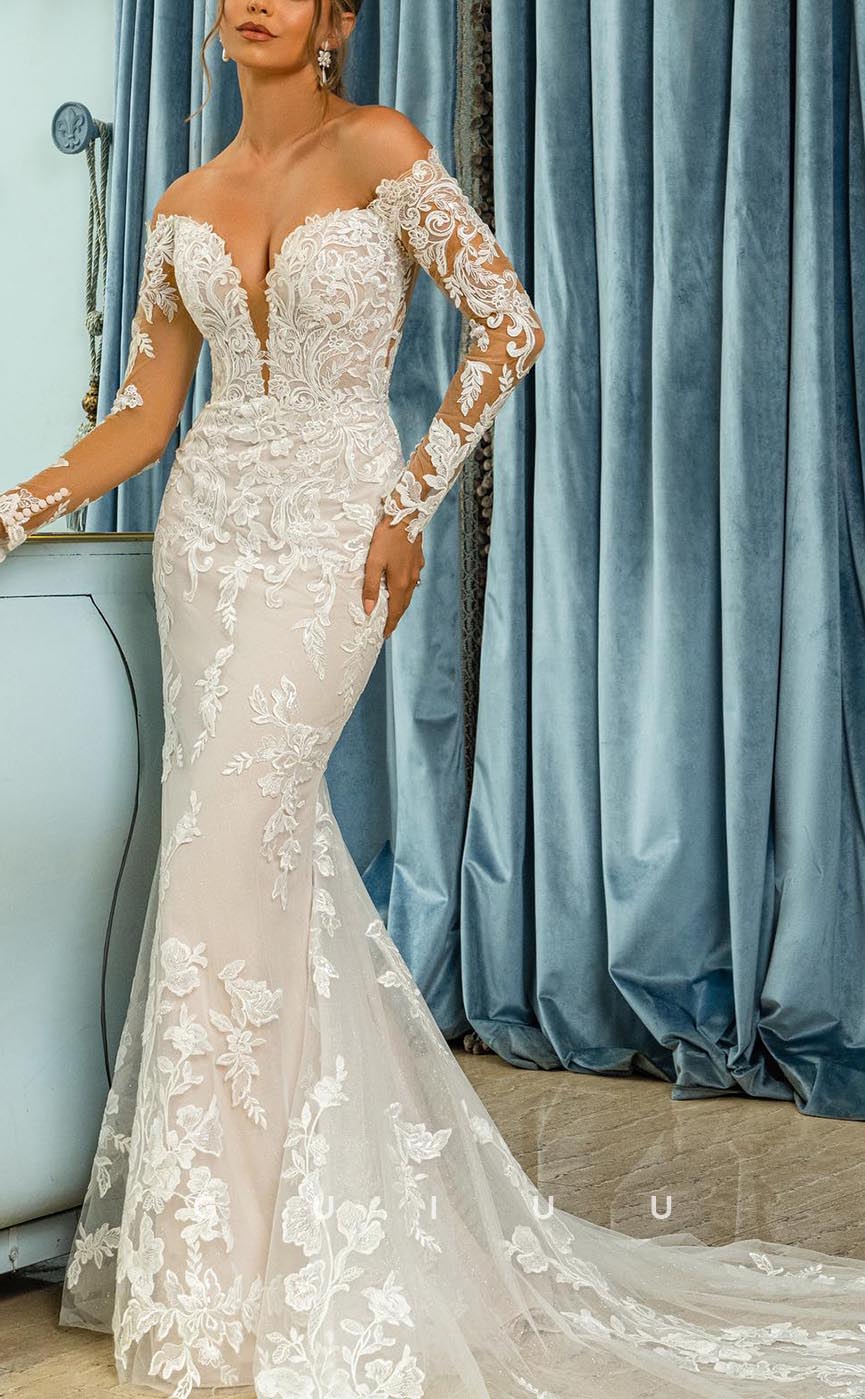 GW616 - Chic & Modern Sheath & A-line Off Shoulder Long Aleeves Allover Appliques Long Wedding Dress with Overlay and Sweep Train
