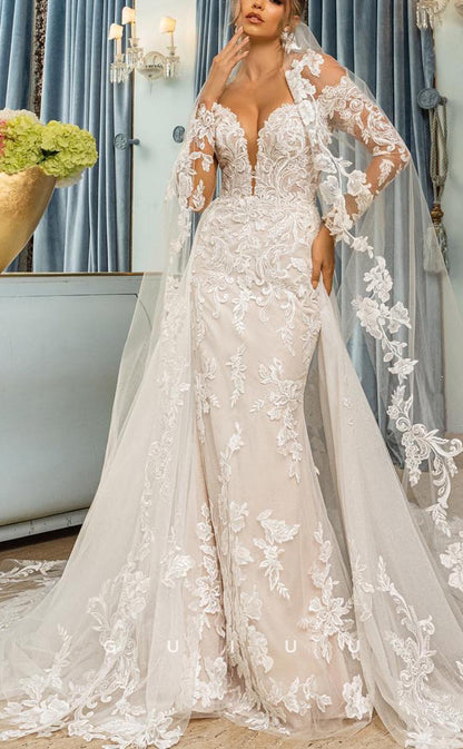GW616 - Chic & Modern Sheath & A-line Off Shoulder Long Aleeves Allover Appliques Long Wedding Dress with Overlay and Sweep Train