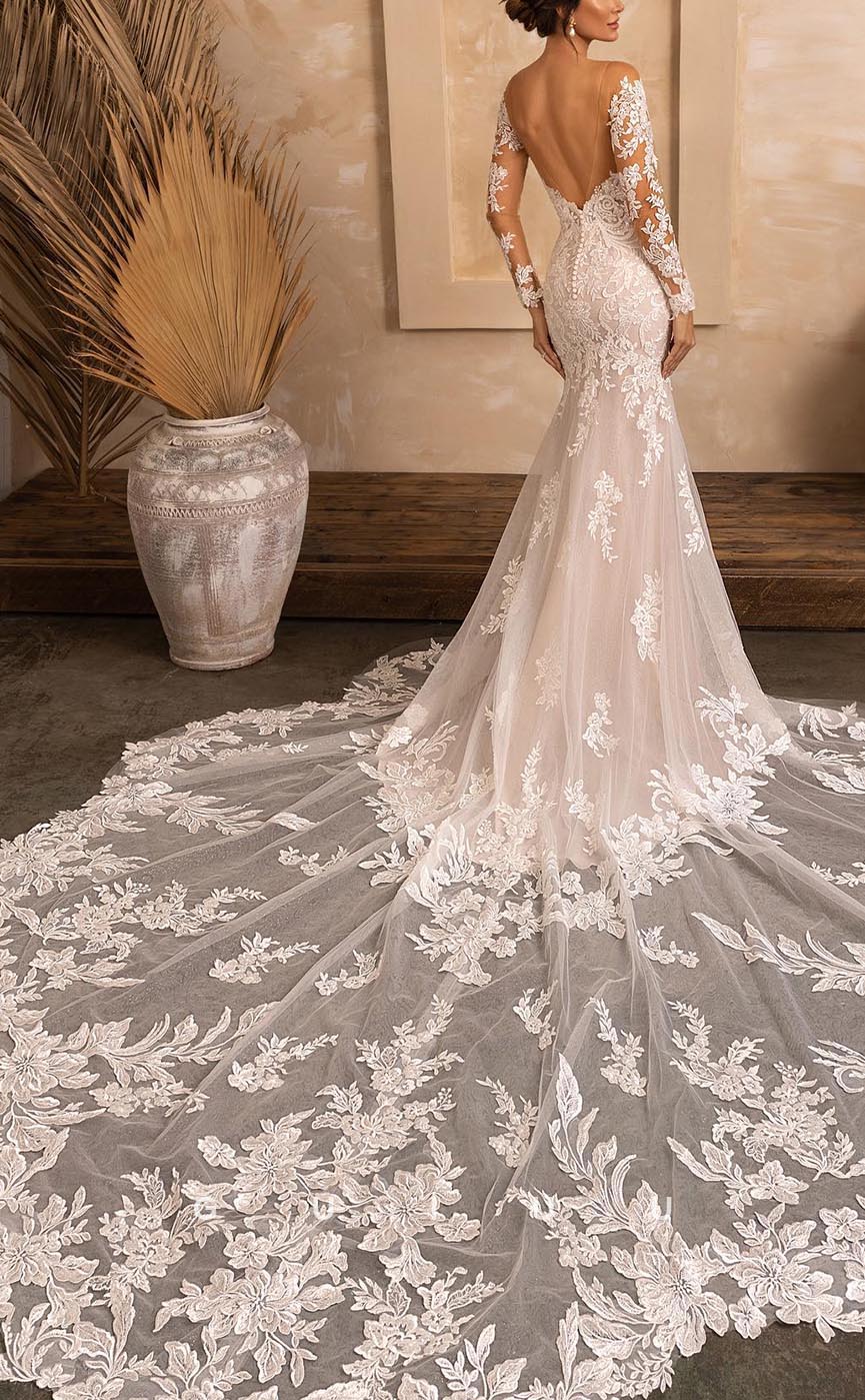 GW617 - Sexy & Hot Sheath Bateau Illusion Long Sleeves Floral Appiques Wedding Dress with Court Train