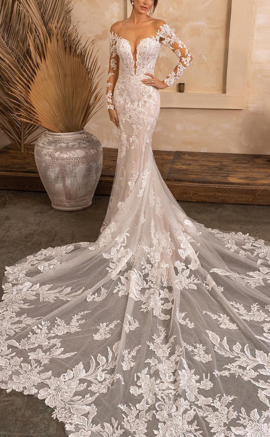 GW617 - Sexy & Hot Sheath Bateau Illusion Long Sleeves Floral Appiques Wedding Dress with Court Train