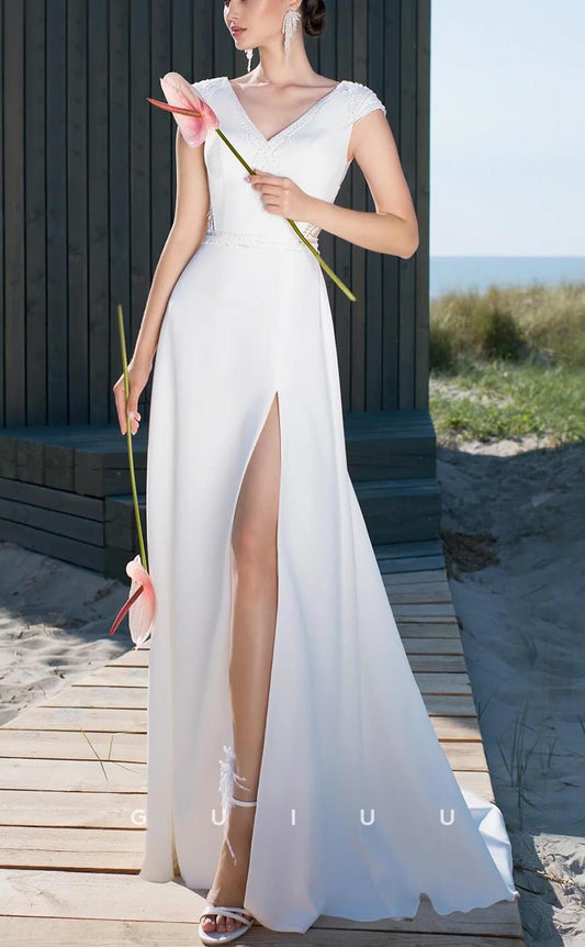 GW619 - Classic & Timeless A-Line V-neck and V-back Embroidered Boho Wedding Dress with High Side Slit