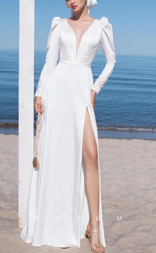 GW621 - Chic & Modern A-line V-neck Long Sleeves Lace Boho Wedding Dress with High Side Slit