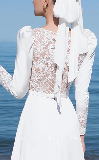 GW621 - Chic & Modern A-line V-neck Long Sleeves Lace Boho Wedding Dress with High Side Slit