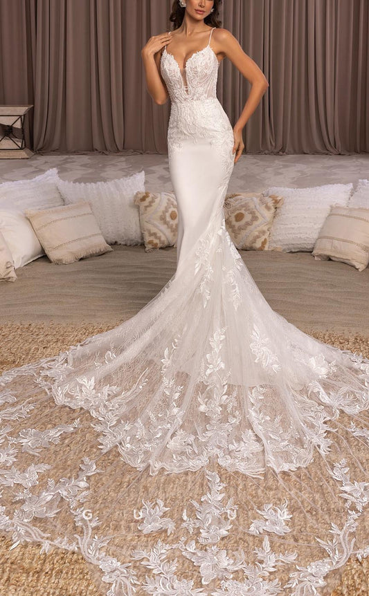 GW625 - Sexy & Hot Sheath Straps V-neck Lace and Floral Appliques Long Wedding Dress with Sweep Train