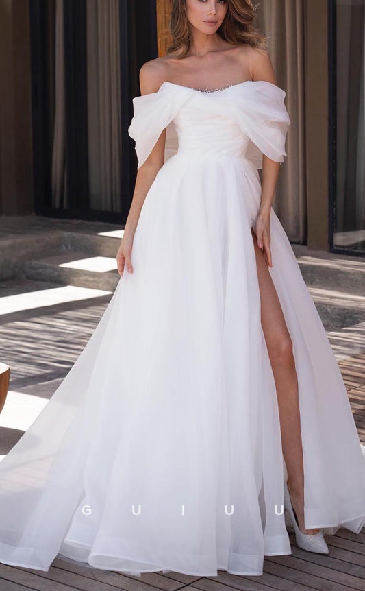 GW626 - Chic & Modern A-line Off Shoulder Beaded Long Wedding Dress with High Side Slit and Sweep Train