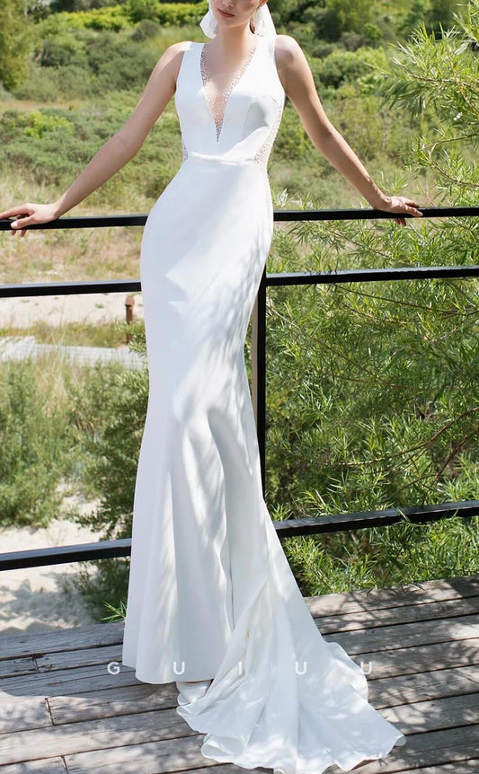 GW627 - Sexy & Hot Sheath V-neck and V-back Pearls Illusion Boho Wedding Dress with Sweep Train